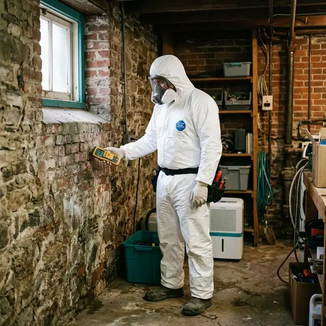 Technician in protective suit checking a damp stone basement wall with a moisture meter