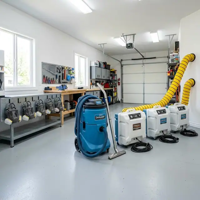 Mold removal equipment including a HEPA vacuum and air scrubbers lined up in a clean garage
