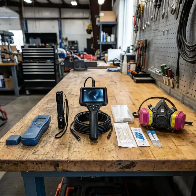Workbench with an inspection camera, moisture meter and respirator laid out
