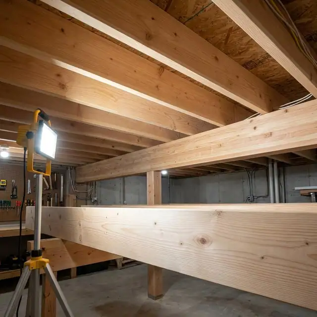 Exposed basement floor joists lit by a work light