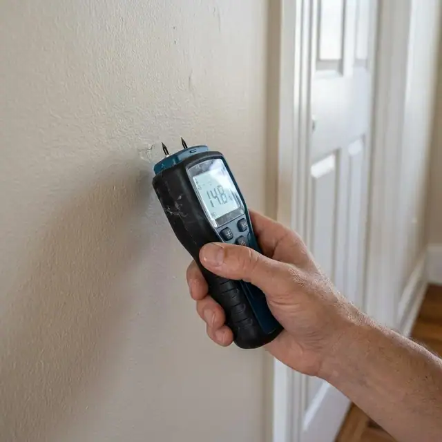 Hand holding a moisture meter against a wall during a mold assessment