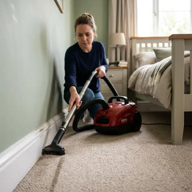 Person vacuuming a bedroom carpet along the baseboard